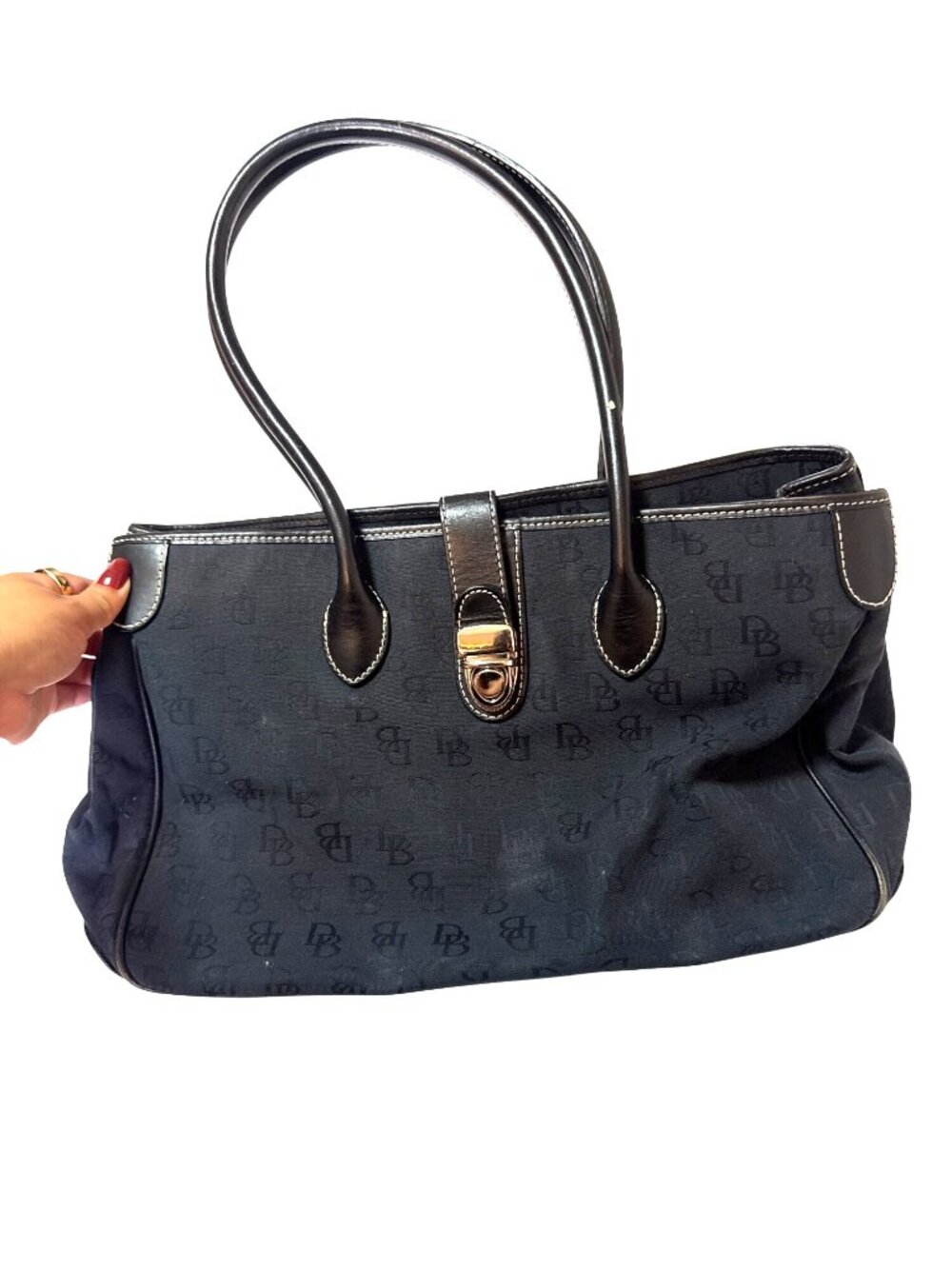Dooney & Bourke Black Monogram Canvas Tote Bag With Pink Interior Dual Handles